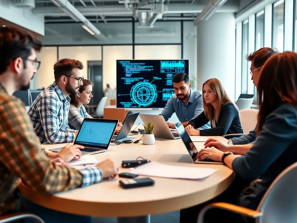 A vibrant image showcasing a diverse team of designers and AI engineers collaborating in a modern office space in Puerto Rico, working on the NetSeguro AI platform.