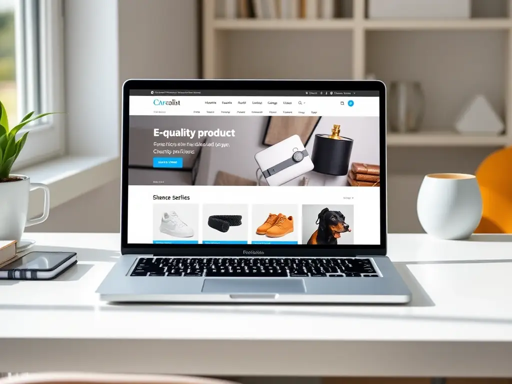 A sleek laptop screen displaying a modern e-commerce website being generated automatically, with tropical-themed design elements.